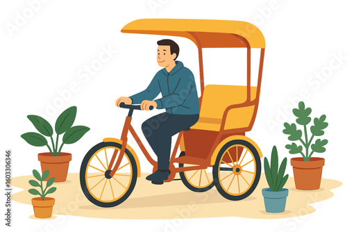 An elderly man with a bicyle and tricycle lies down and sleeps, depicted in a free-hand sketch of a vector illustration
