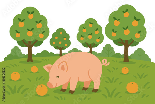Jeju island in South Korea features a natural landscape where a pig walks near a mountain with a volcanic lake