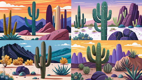 Saguaro National Park East set at sunset time, Tucson, Arizona amazing sky and Group of Tall Saguaro Cactus Plants collection