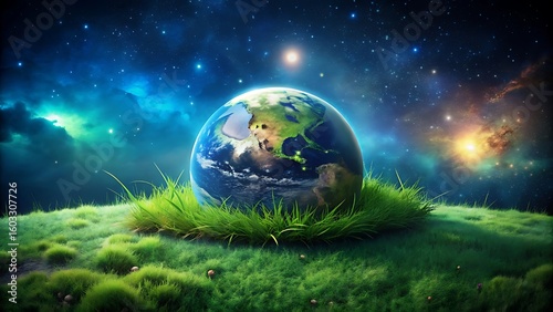Earth resting on a grassy hill under a starry cosmic sky