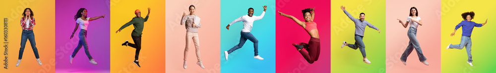 Fototapeta premium A vibrant collage showcases happy, diverse individuals jumping in celebration. Each person brings unique energy and joy, highlighting the beauty of diversity and shared happiness.