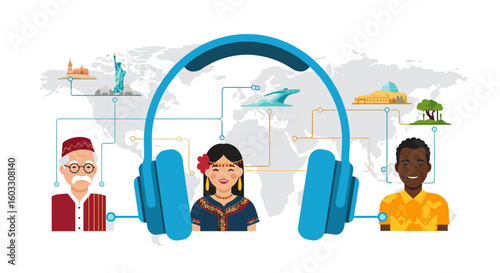 International Music Day concept featuring headphones, world map, and diverse people. International Music Day design celebrates global harmony through sound, depicting cultural connections.