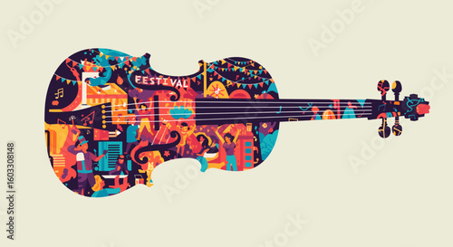 International Music Day celebration depicted within violin silhouette, colorful illustrations and copy space for poster design. Celebration of music portrayed with festive imagery and vibrant colors,