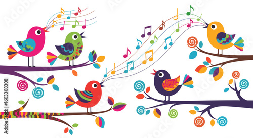 Singing Birds on Branches, Music Notes, for International Music Day