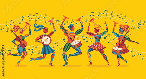International Music Day celebration with dancing figures and musical notes on yellow background. Enjoy International Music Day featuring musicians with guitars, trumpets, and drums.