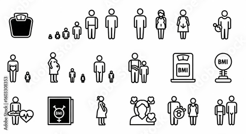 Body Weight Line Icon Set – Overweight, Underweight, Pregnant, BMI, Scale, Human Figure Vector


