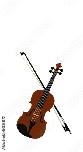 Violin illustration with bow, simple stringed instrument depiction. Violin presents musical elegance, crafted in brown wood and featuring strings.