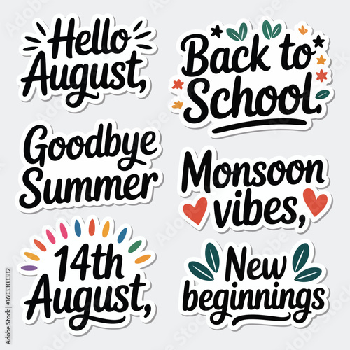 Seasonal Sticker Pack with August and Back to School Themes, Whimsical Sticker Set Celebrating New Beginnings and Seasonal Changes