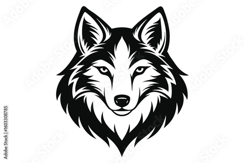 Black and White Graphic Illustration of a Detailed Wolf's Head Isolated Artwork