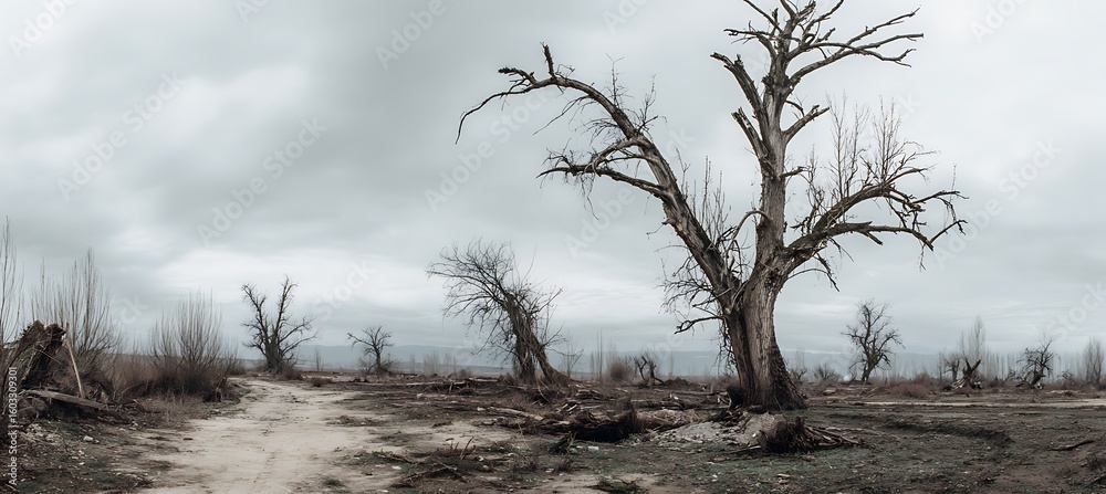 Twisted and deformed trees bending unnaturally in a surreal and haunting forest landscape Twisted and deformed trees bending unnaturally in a surreal and haunting forest landscape