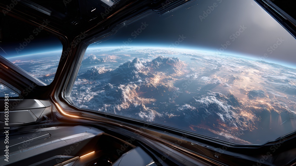 Fototapeta premium Earth From Spacecraft Cockpit Window With Sunrise View