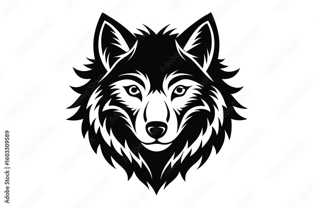Fototapeta premium Striking Black and White Wolf Head Illustration with Intricate Details and Sharp Lines