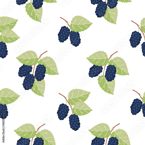 Mulberry branches seamless pattern. Cartoon background with berries and leaves. Blue, green, brown colors on a white. Floral print on fabric and paper. Vector design for textile. Food illustration.