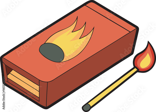 Open a matchbox with a burning match isolated on a white background