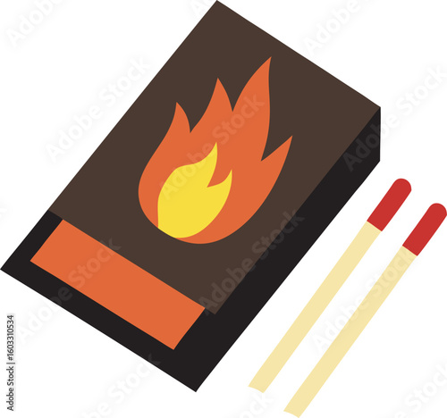 A dark matchbox with a flame illustration and two wooden matches with red tips, isolated on a white background.