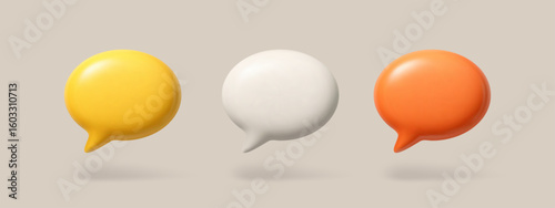 Three colorful 3d speech bubble vector with shadow. Empty thought balloon for social communication and message exchange concept.