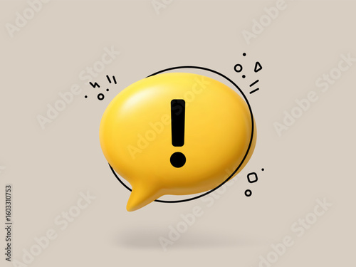 Yellow 3d speech bubble with an exclamation mark. Important message concept for notifications and alerts. Modern attention symbol.