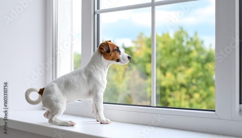 A small dog stands at a window, looking out