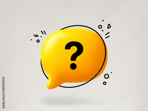 Yellow 3d speech bubble with question mark. FAQ concept for help and support. Vector thought bubble for social media question.