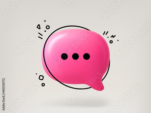 Pink 3d speech bubble vector with abstract doodle elements for chat, message, and communication concept.