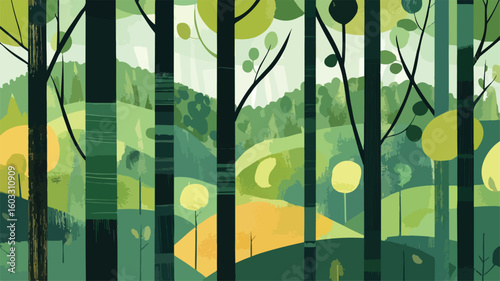 Vibrant Green Wood Landscape Cubist Style Poster Abstract Art