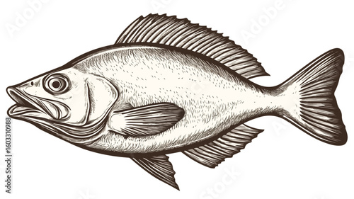 Vintage Halibut Sea Fish Marine Flatfish Drawing