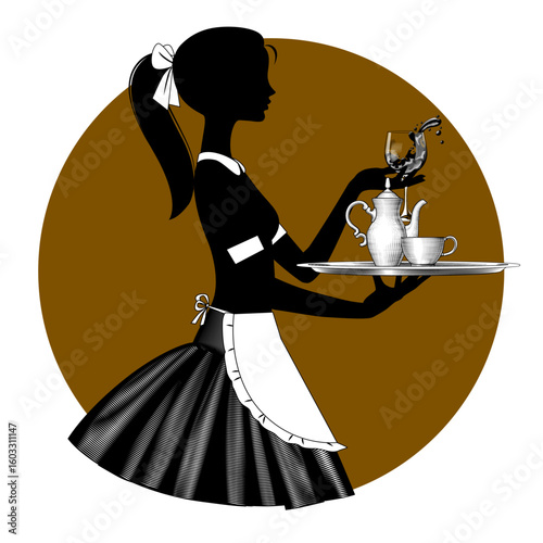 A black silhouette of a young waitress in a short skirt, holding a tray with a coffee pot and a cup and a glass of wine in brown round frame. Drawing in vintage engraving style. Vector illustration