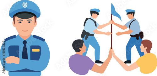 Vector Illustration of Police Officers in Various Actions Depicting Law and Order