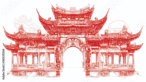 Chinese Temple Architecture Silkscreen Artwork