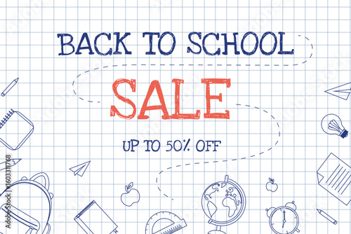 Back to school sale banner with hand-drawn school supplies on checkered paper background. Vector illustration with discount text and outlined education elements