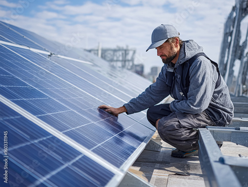 A man inspects a solar panel installation on a rooftop under a blue sky. He wears work clothes and a cap, focusing carefully on the panel to ensure it’s operating correctly and efficiently.
