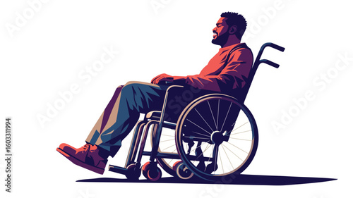 Joyful adult in wheelchair, wide angle