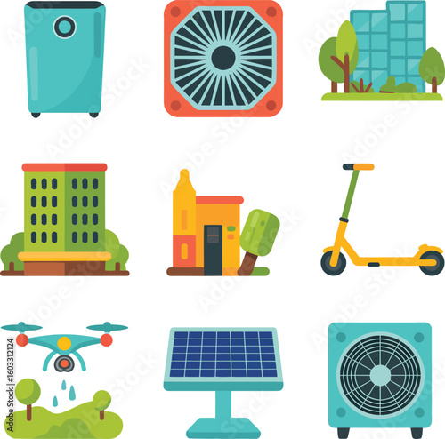 Sustainable City Elements Vector Set Featuring Eco-Friendly Transportation and Green Energy