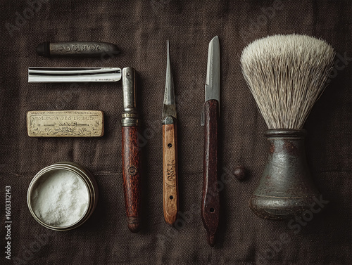 This photo shows a collection of vintage shaving tools arranged neatly on a dark fabric. There is a shaving brush, straight razors, a tin of shaving cream, and a bar of soap, creating a nostalgic atmo