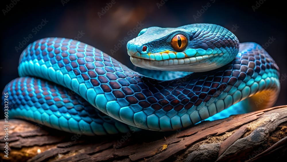 Fototapeta premium A captivating blue snake coiled on a branch showcasing its vibrant scales and striking beauty in a detailed wildlife photograph