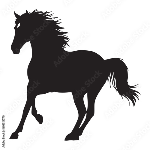 Majestic black horse galloping with flowing mane and tail silhouette running