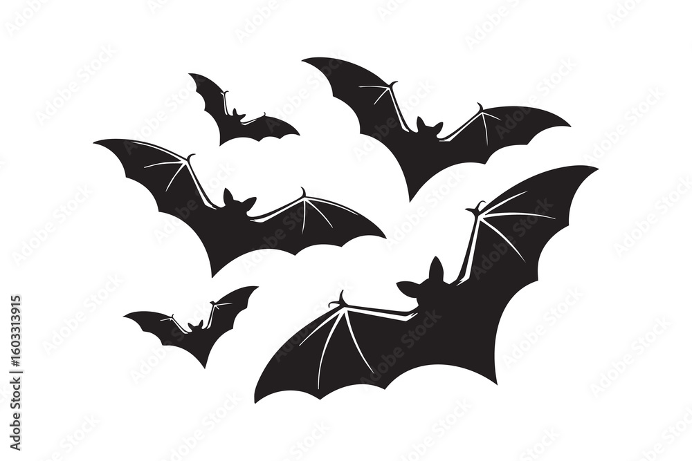 Naklejka premium Silhouette black flying bats spreading wings in a swarm vector