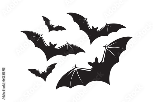 Silhouette black flying bats spreading wings in a swarm vector