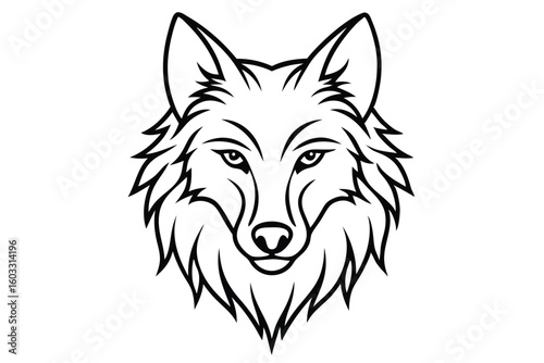 Stylized Wolf Face Illustration, Black Outline, Sharp Features, Focused Stare, Vector Art