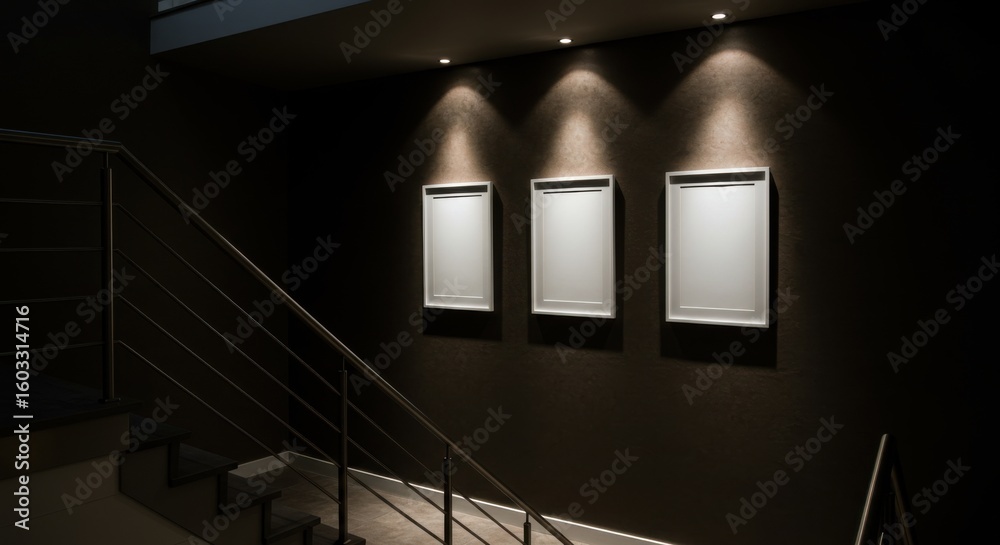 Obraz premium Illuminated Frames: A captivating visual of three empty picture frames illuminated by focused spotlights, mounted on a textured wall. A staircase railing is gracefully arranged.