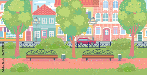 European city Park street cityscape Panoramic view background with green trees bush architecture old town scenery houses school stores shops benches trees bushes sidewalk cars road Outdoor panorama