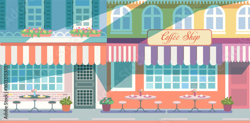 European city street Coffee shop cityscape restaurant Panoramic view background architecture town scenery building houses school stores shops sidewalk skyscrapers Outdoor Europe Caffe, flat vector