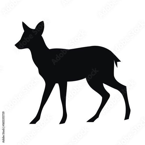 Black vector silhouette illustration of wild animals, a deer and a wolf standing isolated in nature