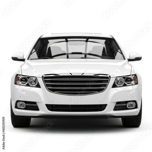 A clean white car faces forward against a bright white background