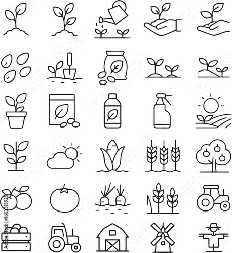 Agriculture Line Editable Icons set. Vector illustration in modern thin line style of agronomy related icons: seedling plants, plant care, harvest, and more