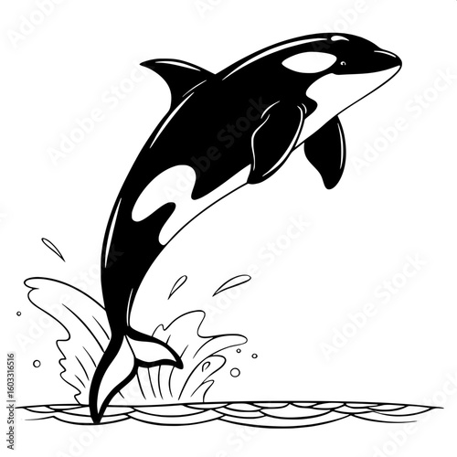 A minimal black silhouette of a jumping orca (killer whale), arcing out of the water. The orca is in profile view, facing left, with a large dorsal fin and distinctive curved body. No background detai