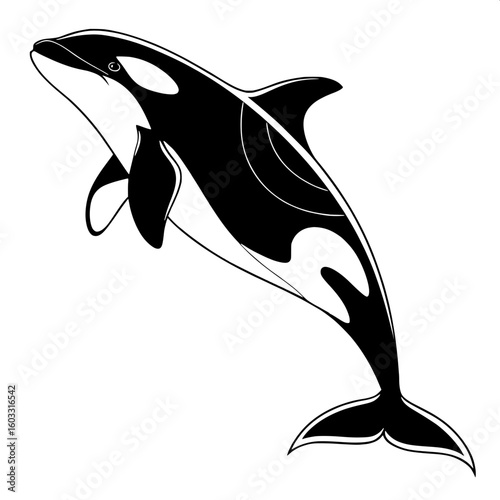 A minimal black silhouette of a jumping orca (killer whale), arcing out of the water. The orca is in profile view, facing left, with a large dorsal fin and distinctive curved body. No background detai