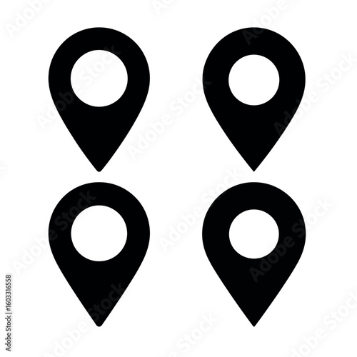 Four black location pins map marker navigation