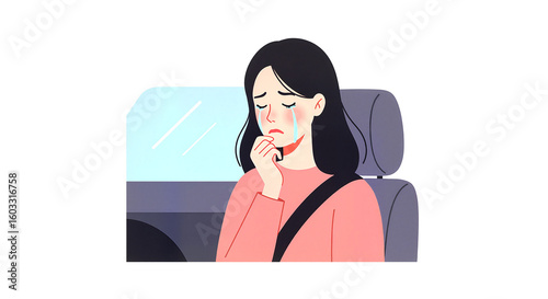 Woman feeling sad while sitting in car with seatbelt on  