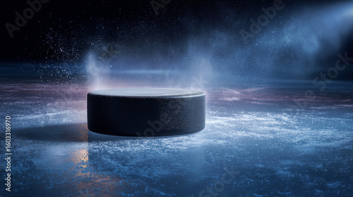 Ice hockey puck on rink with mist and glowing blue background  